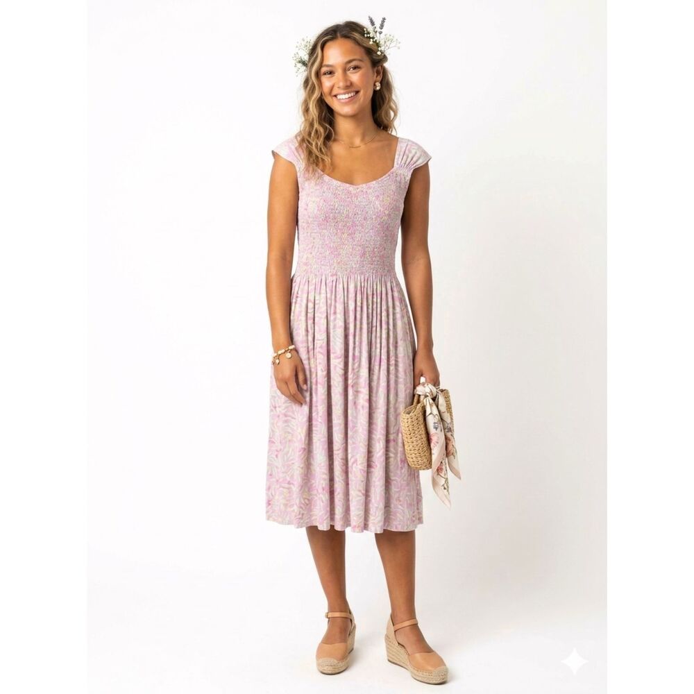 Lost River Smocked Midi Dress L/XL Purple Green Capped Sleeves Pockets Party